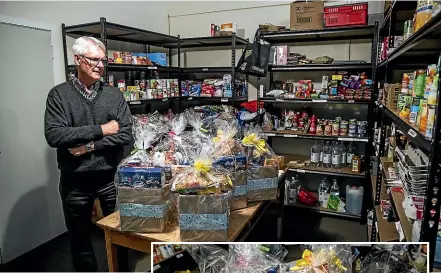  ?? PHOTOS: DAVID UNWIN/STUFF ?? Society of St Vincent De Paul Palmerston North president Mike Keenan looks over the food that remains after a weekend burglary. Right, Thousands of dollars of food destined for disadvanta­ged families was taken