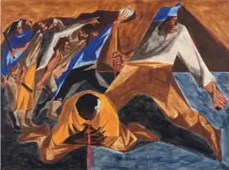  ??  ?? Jacob Lawrence (1917-2000), Massacre in Boston, Panel 2, 1955, from Struggle: From the History of the American People, 1954-56. Egg tempera on hardboard. Collection of Harvey and Harvey-ann Ross. © The Jacob and Gwendolyn Knight Lawrence Foundation, Seattle/artists Rights Society (ARS), New York. Photograph­y by Bob Packert/ PEM.