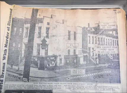  ??  ?? A times union newspaper clipping at the Albany County Hall of records shows the 67 dove St. building where Jack “Legs” diamond was gunned down in 1931.