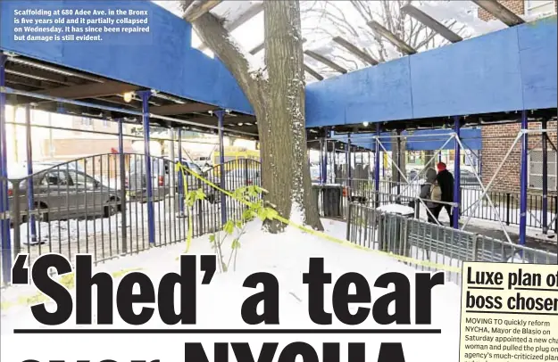  ??  ?? Scaffoldin­g at 680 Adee Ave. in the Bronx is five years old and it partially collapsed on Wednesday. It has since been repaired but damage is still evident.