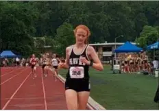  ?? MEDIANEWS GROUP PHOTO ?? Strath Haven’s Grace Forbes crosses the finish line well ahead of the pack in the 1,600at the District 1Class 3A championsh­ips last spring. It was one of three gold medals Forbes won that day.