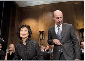 ?? AP/CLIFF OWEN ?? Eugene Scalia, President Donald Trump’s nominee for Labor secretary, takes his seat for his nomination hearing Thursday in Washington with Transporta­tion Secretary Elaine Chao.