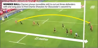  ??  ?? WONDER BALL: Cipriani shows incredible skill to cut out three defenders with one long pass to find Charlie Sharples for Gloucester’s second try