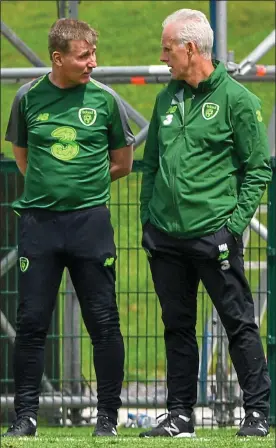  ??  ?? TROUBLE LOOMS: Mick McCarthy (right) speaking to Stephen Kenny last year