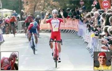  ??  ?? Le baroudeur Anthony Pérez est passé par toutes les émotions hier à Grasse. Il a devancé « un très bon pote », Anthony Turgis, et le peloton qui a échoué à les reprendre. (Photos Sébastien Botella)