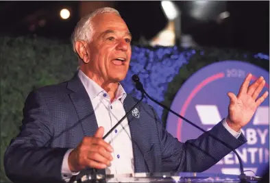  ?? Tyler Sizemore / Hearst Connecticu­t Media ?? Bobby Valentine speaks to his supporters at the Bobby Valentine Election Night Event at The Village in Stamford.