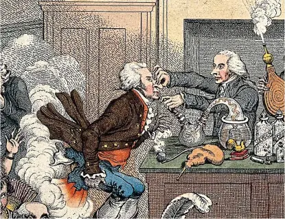  ?? ?? Rolling in the aisles: Cartoon showing Humphry Davy administer­ing laughing gas at an 1802 lecture