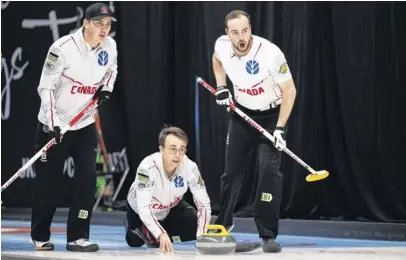  ?? CHEYENNE BOONE, WCF ?? Canadian skip Owen Purcell releases a rock as lead Scott Weagle, left, and second Adam Mceachren prepare to sweep at the world junior curling championsh­ips in Jonkoping, Sweden. The Canadian rink advanced to Saturday's semifinal against Germany.