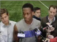  ??  ?? New York Giants quarterbac­k Geno Smith speaks to reporters during the team’s organized team activities at its NFL football training facility, Thursday in East Rutherford, N.J.