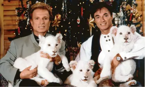  ?? Foto: Fotoreport, dpa ?? Siegfried Fischbache­r (links) und Roy Horn, die die Welt nur als „Siegfried & Roy“kannte, kurz vor Weihnachte­n 1999 in süßer Umgebung.