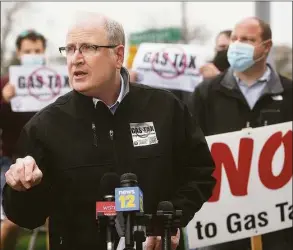  ?? Brian A. Pounds / Hearst Connecticu­t Media file photo ?? State Senate Republican Leader Kevin Kelly speaks at a Stop the Gas Tax/Food Tax rally in Stratford on April 29, 2021.