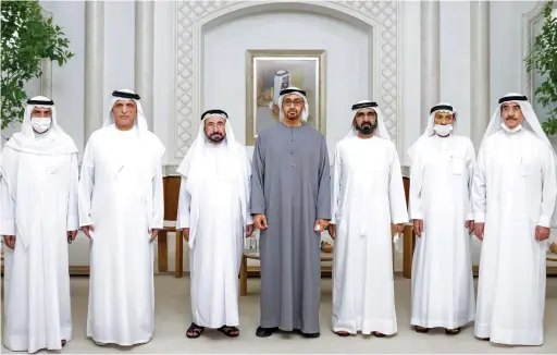  ?? King Salman
AFP ?? We look forward to continuing work to consolidat­e the bonds of fraternity and friendship between our two sisterly countries and peoples.
Rulers of Dubai, Sharjah, Fujairah, Ajman, Ras Al-Khaimah and Umm Al-Quwain with Sheikh Mohammed bin Zayed Al-Nahyan after electing him the new UAE president in Abu Dhabi on Saturday.