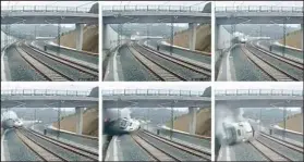  ??  ?? A train derails in this series of still images from the video of a security camera near Santiago de Compostela, northweste­rn Spain, July 24, 2013. (REUTERS)