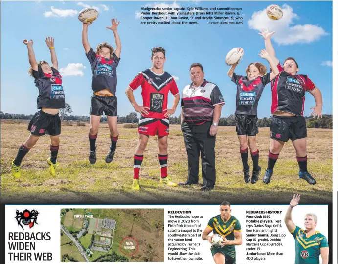  ?? Picture: JERAD WILLIAMS ?? Mudgeeraba senior captain Kyle Williams and committeem­an Pieter Berkhout with youngsters (from left) Miller Raven, 8, Cooper Raven, 11, Van Raven, 9, and Brodie Simmons, 9, who are pretty excited about the news.