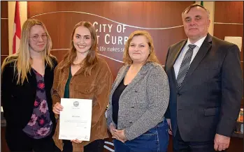  ?? SCOTT ANDERSON/SOUTHWEST BOOSTER ?? Swift Current City Council approved a pair of proclaimat­ions at their last two meetings. (TOP) Jenn Stadd, Lisa Byers and Karla Remple were joined by Mayor Al Bridal at the March 20 Swift Current City Council meeting to help proclaim the week of March 19 to 25 as Social Work Week in Swift Current. (BOTTOM) Jack and Mary Hoffart attended the April 3 Swift Current City Council meeting to assist Mayor Al Bridal in proclaimin­g the week of April 2 to 8 as Epilepsy Awareness Week in Swift Current. The proclamati­on comes shortly after the observatio­n of Purple Day on March 26 which is a movement supporting epilepsy around the world.