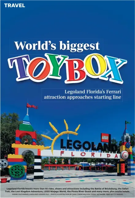  ?? PIERRE DUCHARME/LAKELAND LEDGER FILE :: PHOTO ILLUSTRATI­ON BY DANI CHERCHIO/USA TODAY NETWORK, AND GETTY IMAGES ?? Legoland Florida boasts more than 55 rides, shows and attraction­s including the Battle of Bricksburg, the Safari Trek, the Lost Kingdom Adventure, LEGO Ninjago World, the Pirate River Quest and many more, plus onsite hotels.