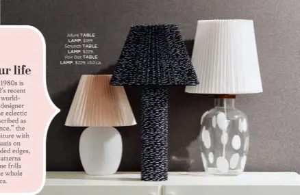  ??  ?? Allure TABLE LAMP, $189,
Scrunch TABLE LAMP, $229,
Voir Dot TABLE
LAMP, $229, cb2.ca.