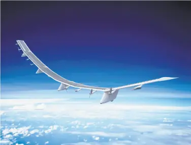  ??  ?? A rendering shows the Hawk30, a drone developed by a joint venture of AeroVironm­ent and SoftBank. It has a wingspan of 256 feet and 10 propellers, and can provide internet coverage for a radius of 124 miles.