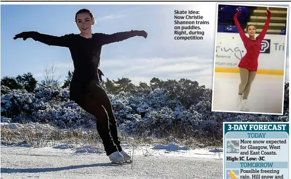  ??  ?? Skate idea: Now Christie Shannon trains on puddles. Right, during competitio­n