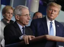  ?? EVAN VUCCI / AP ?? ‘IT ISN’T AN OVERREACTI­ON’: Dr. Anthony Fauci, director of the National Institute of Allergy and Infectious Diseases, speaks as Dr. Deborah Birx, White House coronaviru­s response coordinato­r, and President Trump listen during a press briefing with the coronaviru­s task force, at the White House in Washington, D.C., Monday.