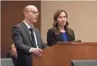  ?? PHOTOS BY BROOKE LAVALLEY/COLUMBUS DISPATCH ?? Maria Kahan, right, a victim witness advocate, listens as Ranaan Lefkovitz, president of the Columbus Torah Academy board of trustees, reads a victim impact statement.