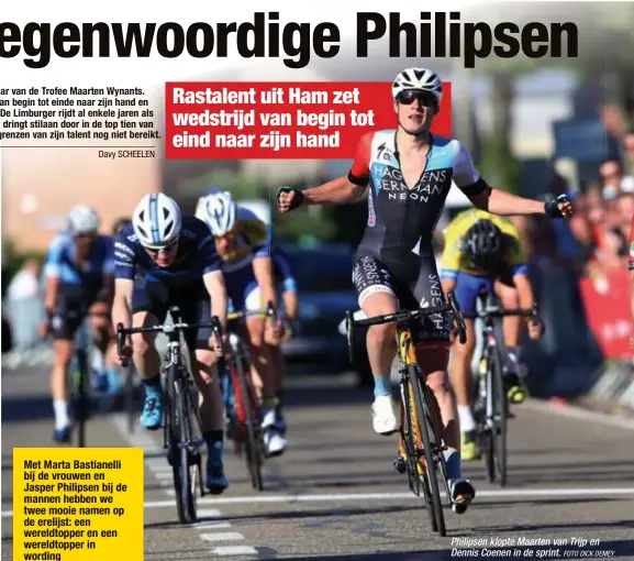  ?? FOTO DICK DEMEY ?? Philipsen klopte Maarten van Trijp en Dennis Coenen in de sprint.