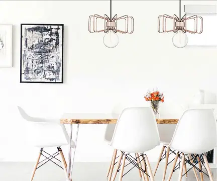  ??  ?? The rose gold Mitzi Pendant lights create a chorus line that follows the shape of a long dining table. $359 each, Union Lighting.