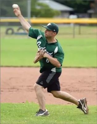  ?? DAVID BEBEE, RECORD STAFF ?? Kitchener’s Pete Molloy makes a throw to home during a drill Friday at Ireland’s national baseball team practices at Briethaupt Park. The team is holding training camp locally.