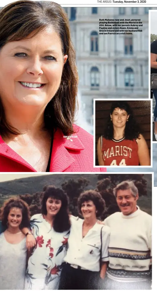  ??  ?? Ruth Mahoney now and, inset, pictured playing Basketball with the Marist in the USA. Below, with her parents Aubrey and Pauline and sisters Dawn, Emma and Orla in Ireland and with her husband Rob and son Patrick on a visit home.