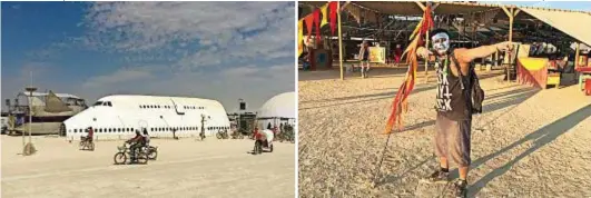  ??  ?? Sopra / Above, 747 Theme Camp sulla Playa, on the Esplanade, 2016 (a sinistra / left); a destra / right, un guerriero mascherato all’esterno del Center Camp / Masked Warrior outside Center Camp, 2016. Nella pagina accanto / Facing page, Stepping...