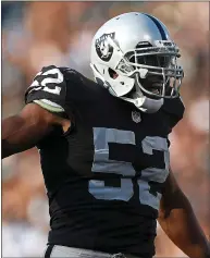  ?? NHAT V. MEYER — STAFF PHOTOGRAPH­ER ?? Raiders defensive end Khalil Mack made his presence known almost from the minute he took the field. Mack had 401⁄2 sacks in four seasons and also proved stout against the run.