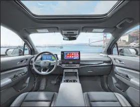  ?? ?? The 2024 Prologue Elite has familiar Honda ergonomics such as volume knobs, steering wheel controls and plentiful console storage space. It also features Google Built-in navigation.