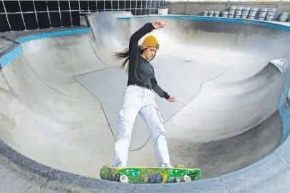  ?? Picture: AFP ?? FLIPPING AMAZING. Brazilian skateboard­er Dora Varella rides at a skate park in Sao Paulo.