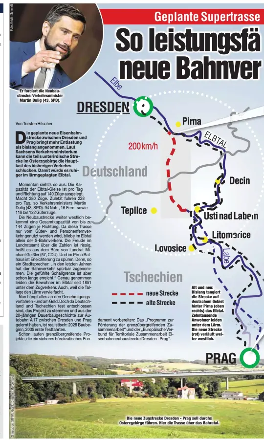  ??  ?? Er forciert die Neubaustre­cke: Verkehrsmi­nister
Martin Dulig (43, SPD).
Die neue Zugstrecke Dresden - Prag soll durchs Osterzgebi­rge führen. Hier die Trasse über das Bahratal.