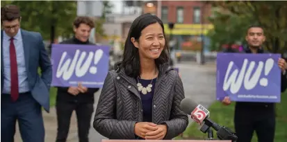  ?? BOSTON HERALD FILE ?? WAKANDA II FOR WU: City Councilor Michelle Wu, seen speaking Monday, has landed the backing of Wakanda II, a group of influentia­l Black leaders, in her candidacy for mayor.