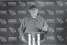  ?? Cardinals coach Bruce Arians speaks during a press conference before practice at the London Irish rugby team training ground in Sunbury-on-Thames on Wednesday. The Cardinals are preparing for a game against the Rams at Wembley stadium on Sunday. ??