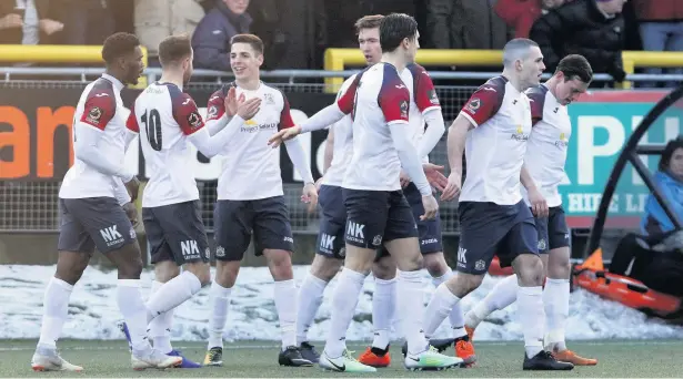  ?? Www.mphotograp­hic.co.uk ?? ●●County celebrate Matty Warburton’s goal, which put them into a commanding 3-1 lead against Harrogate on Saturday