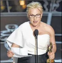  ??  ?? Supporting­actress
Particia Arquette: Patricia Arquette accepts the award for best actress in a supporting role for “Boyhood” at the Oscars on Sunday, at the Dolby Theatre in Los Angeles. JOHN SHEARER / INVISION
