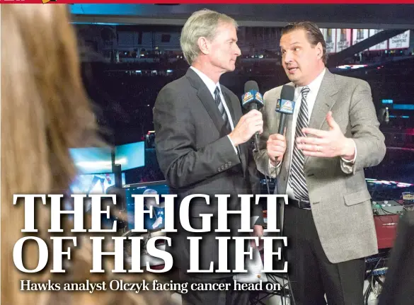  ?? | JAMES FOSTER/ FOR THE SUN- TIMES ?? Blackhawks analyst Eddie Olczyk ( right) and play- by- play man Pat Foley in the broadcast booth Dec. 8 at the United Center.