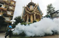  ?? (Chaiwat Subprasom/Reuters) ?? A CITY WORKER fumigates the area around a temple in Bangkok on September 14 to control the spread of mosquitoes.