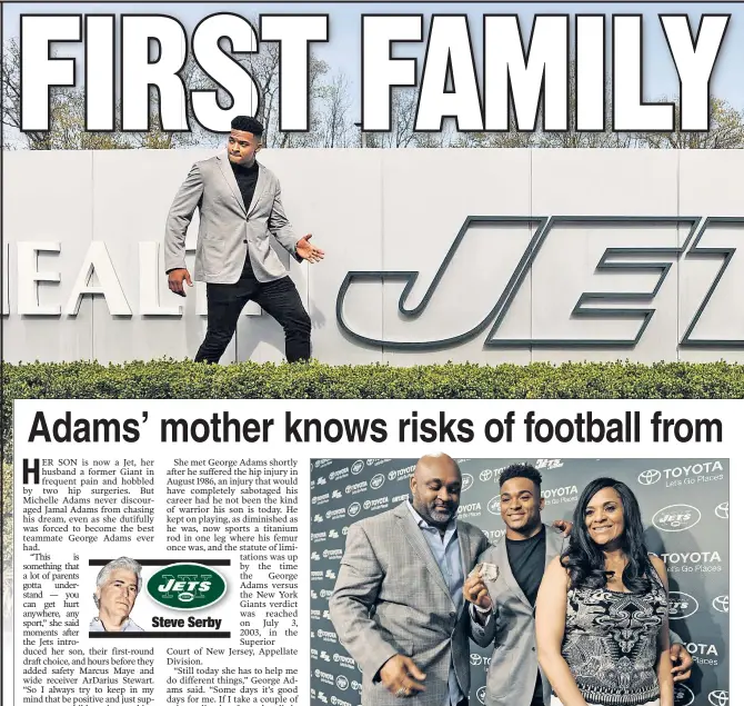  ?? Robert Sabo (2) ?? CASHING IN: Jets first-round pick Jamal Adams (center), introduced Friday with his parents, shows off a $5 bill he was given by his father, George, after being drafted 13 spots higher than the Giants’ top pick in 1986 to win a friendly wager.