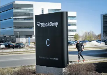  ?? Picture: BLOOMBERG ?? STRIDING AHEAD: A man jogs past BlackBerry headquarte­rs in Waterloo, Ontario, Canada. The company’s shift to a flagship device which runs Android while retaining BlackBerry’s reputation for innovation signals a marked change in strategy