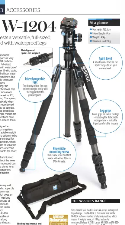  ??  ?? Metal ground spikes are supplied Interchang­eable feet The chunky rubber feet can be interchang­ed easily with the supplied metal ground spikes. The bag has internal and external accessory pockets, while its strap can be removed to carry the tripod...