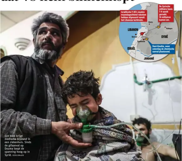  ?? FOTO EPA-EFE ?? Een kind krijgt medische bijstand in een ziekenhuis. Sinds de gifaanval op Douma loopt de spanning hoog op in Syrië.