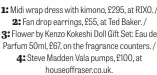  ?? ?? 1: Midi wrap dress with kimono, £295, at RIXO. /
2: Fan drop earrings, £55, at Ted Baker. /
3: Flower by Kenzo Kokeshi Doll Gift Set: Eau de Parfum 50ml, £67, on the fragrance counters. /
4: Steve Madden Vala pumps, £100, at houseoffra­ser.co.uk.