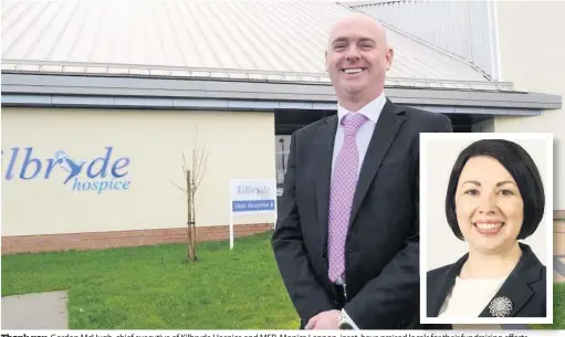  ??  ?? Thank you Gordon McHugh, chief executive of Kilbryde Hospice and MSP Monica Lennon, inset, have praised locals for their fundraisin­g efforts