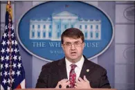  ?? (AP/Andrew Harnik) ?? Veterans Affairs Secretary Robert Wilkie, shown in the White House briefing room in November, denied allegation­s that he made inquiries about the past of a congressma­n’s aide, according to an agency spokesman.