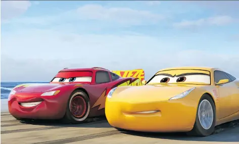  ?? PHOTOS: DISNEY PIXAR ?? Racing veteran Lightning McQueen, left, teams up with tech-savvy, unconventi­onal trainer Cruz Ramirez in Cars 3.