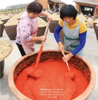  ??  ?? Workers at the Xuanyuan Eco Farm in Anhui province make a spicy sauce in the local style