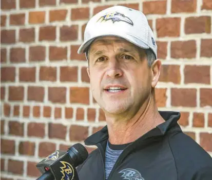  ?? KEVIN RICHARDSON/BALTIMORE SUN ?? RAVENS
When coach John Harbaugh was asked on Wednesday whether star quarterbac­k Lamar Jackson would attend Ravens OTAs, he said, “I’ll let Lamar speak for himself on this topic.”